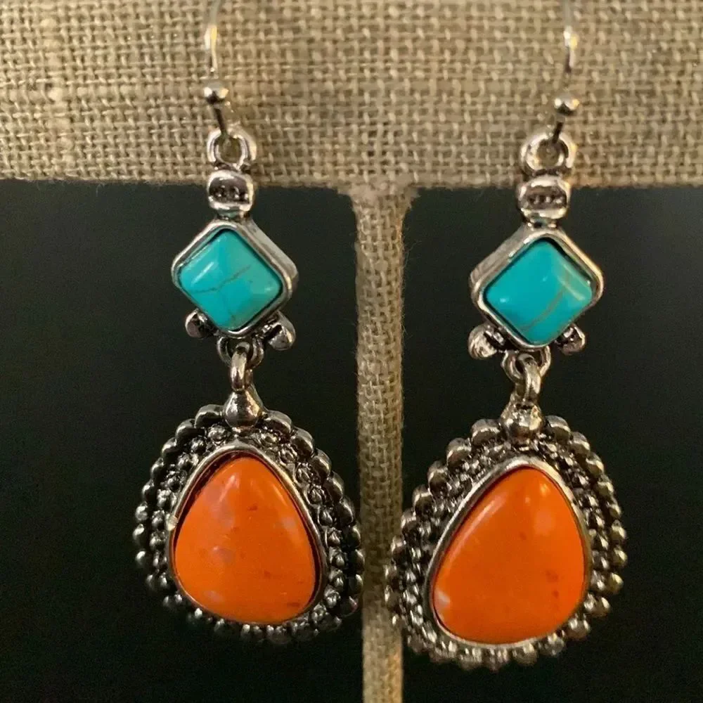Men’s Western Native American Style Faux Turquoise, Coral & Silver Tone Earrings